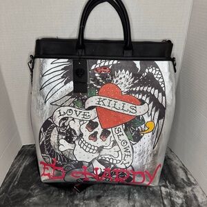Ed Hardy Silver Tote with Red Heart and Black “Live Kills” Graphic Backpack/Tote